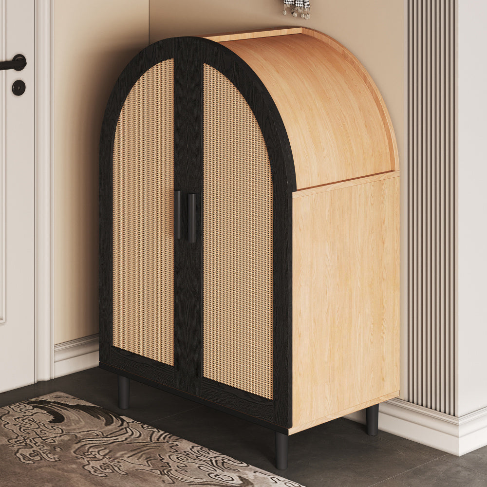 Modern Schoenkast‑Opbergmeubel met Hol‑Wicker Deuren – 3‑Lagen Opslag, Vrijstaand voor Hal, Woonkamer of Gangruimte, Ruimtebesparend Design