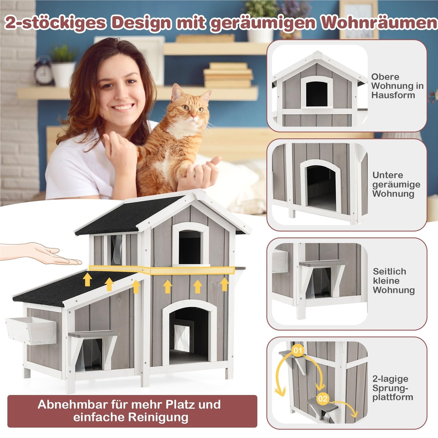 Kattenhuis – Kattenhut – Kattenvilla – Huisdierverblijf – Kattenhuisje – 2-Delig Met Asfalt Dak – Weerbestendig Hout 100x64x82,5 cm Grijs