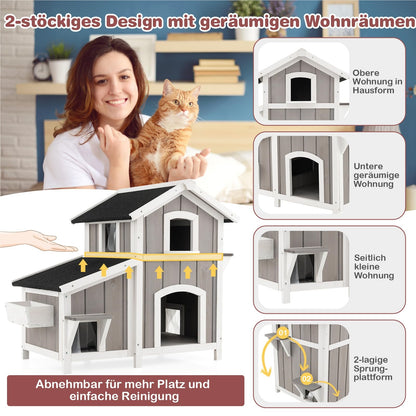 Kattenhuis – Kattenhut – Kattenvilla – Huisdierverblijf – Kattenhuisje – 2-Delig Met Asfalt Dak – Weerbestendig Hout 100x64x82,5 cm Grijs