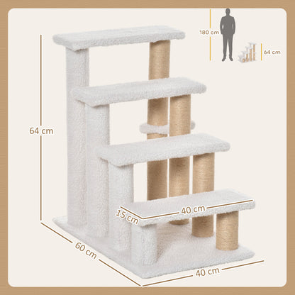 Huisdierentrap – Dierentrap – Hondentrap – Kattentrap – Huisdierenladder – Stevige MDF Trap – Met Pluche Bekleding en Sisal Krabpaal – 60x40x64 cm – Wit/Beige