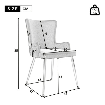 Velvet Dining Chair, Set Of 2, Luxury Living Room Bedroom Lounge Chair with Four Silvery Metal Supporting Legs, Gray
