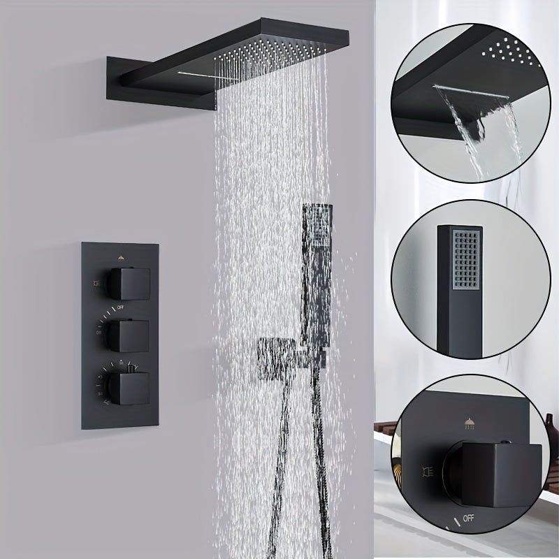 Thermostatische Regendouche Set – Douchekop – Handdouche – Regendouchekraan – Thermostaatkraan – Zwart Mat – 54x22 cm – Messing Material