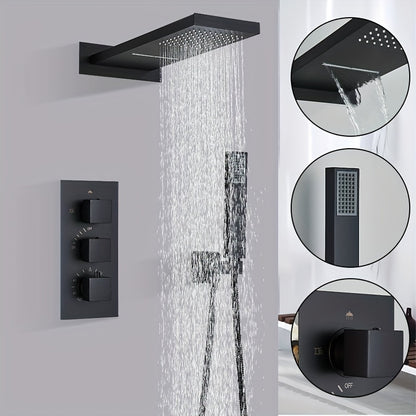 Thermostatische Regendouche Set – Douchekop – Handdouche – Regendouchekraan – Thermostaatkraan – Zwart Mat – 54x22 cm – Messing Material
