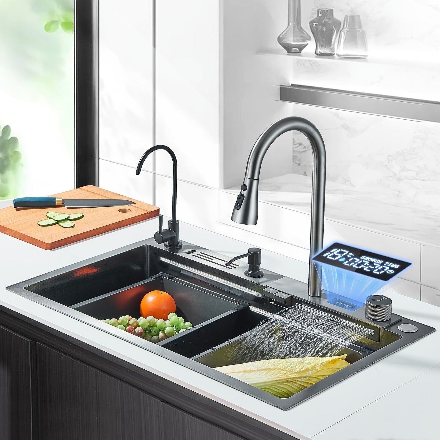 Roestvrijstalen Waterval Spoelbak – Keukenspoelbak – Enkele Bak – Onderbouw Spoelbak – RV Spoelbak – 76,2x45,97x20,5 cm – Met Uittrekbare Kraan – Inclusief Display en Accessoireset