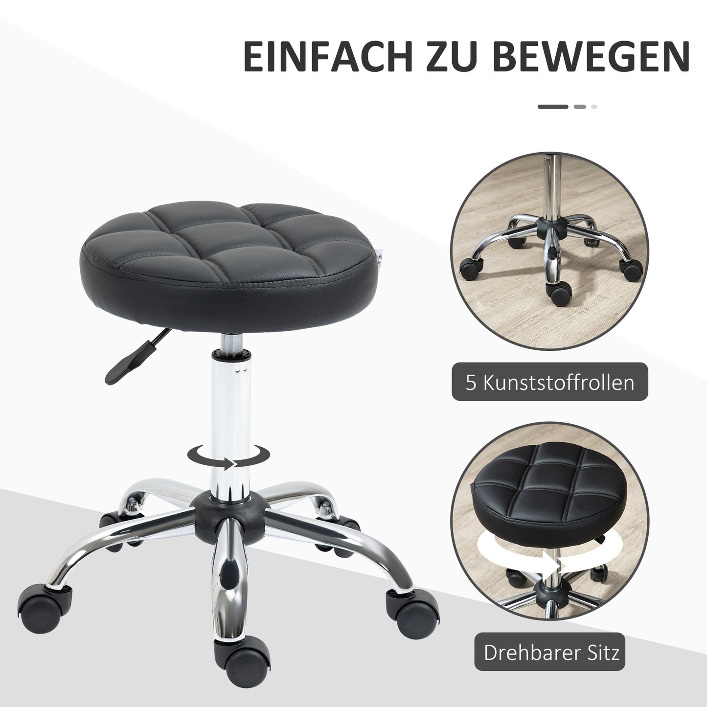 Draaibare Krukken – Werkkruk – Bureaustoel – Salonkruk – Rollende Kruk – 2-Pack Zwart – Hoogte Verstelbaar 48-63 cm – 360° Draaibaar Met Wieltjes