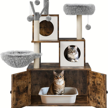 Kattenboom – Krabpaal – Kattenmeubel – Kattenhuis – Kattenkast – Verborgen Kattenbak – Duurzame Sisal Krabpaal – Ruimtebesparend Bruin-Wit Design