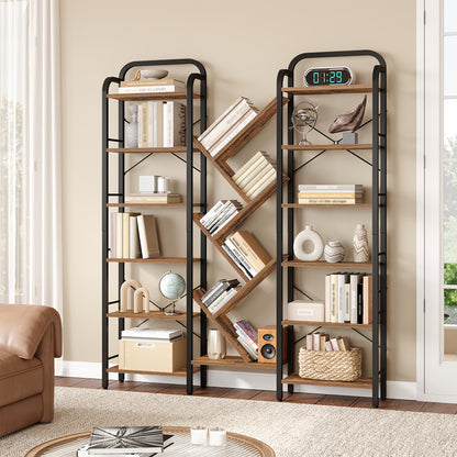 Boekenplank – Boekenrek – Wandplank – Boekenkast – Boekenkast – 6-Laags Met 18 Vakken – Vintage Bruin Zwart Hout – Vrijstaand Stalen Frame – 24x152x198,5 cm – Geen Montage