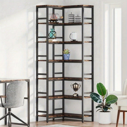 Hoekboekenkast – Smalle Boekenkast – Kleine Boekenkast – Boekenkast – Opbergkast – 7 Metalen Planken – Industrieel Design – 60x60x200 cm – Rustiek Bruin Zwart