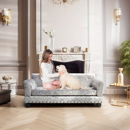 Hondenbankje – Hondenbed – Huisdier Sofa – Orthopedisch Bed – Hondenkussen – Eucalyptus Houten Frame – Nederlands Fluweel – Orthopedische Polyurethaanvulling – Verhoogde Constructie