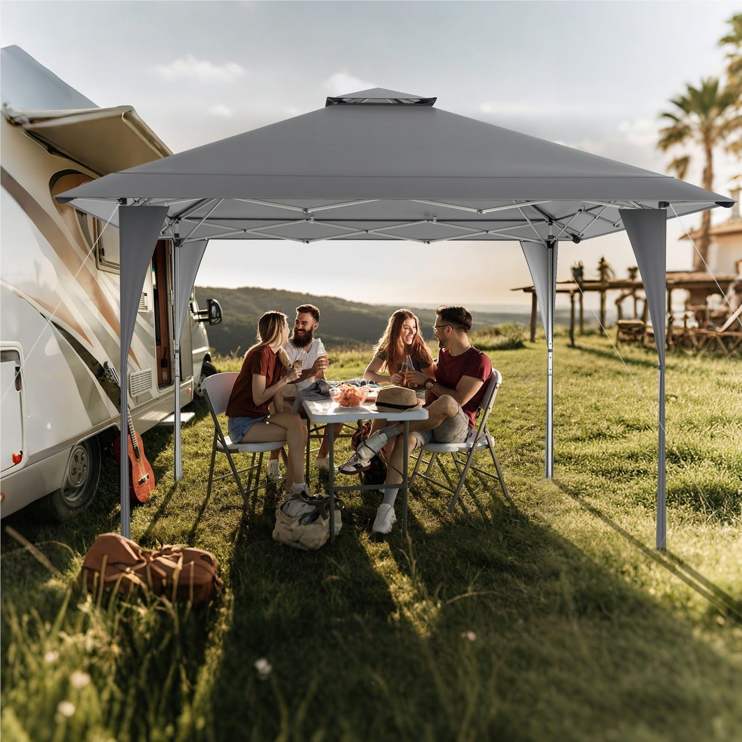Pop-Up Pavilion – Tuinpaviljoen – Partytent – Vouwtent – Prieel – Waterbestendig – Verstelbare Hoogte – Grijs – Met Dubbele Dak – Stevig Metalen Frame