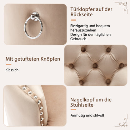 Eetkamerstoel – Stoel – Kuipstoel – Keukenstoel – Woonkamerstoel – Beige Velvet Bekleding – Massief Rubberwood Poten – Unieke Deurknop Achterzijde – Decoratieve Spijkernaad
