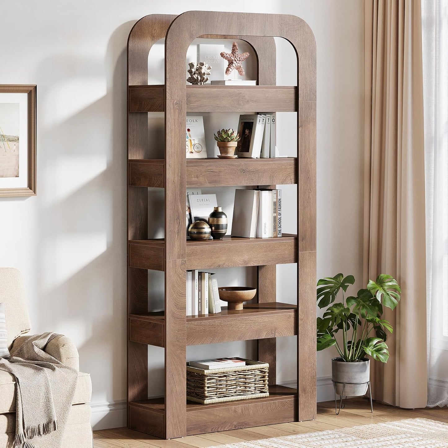 6-laagse houten boekenkast – open kast – boekenrek – opbergmeubel – wandkast – bruine kleur – 178 cm hoog – duurzaam massief hout met anti-kantelbeugel