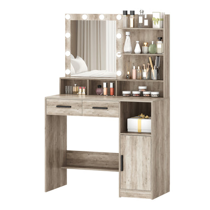 Dressing Table With Mirror And 10 LED Lights, Adjustable Brightness, Dressing Table With 2 Drawers & 1 Cabinet, 3 Shelves & 4 Open Compartments, White