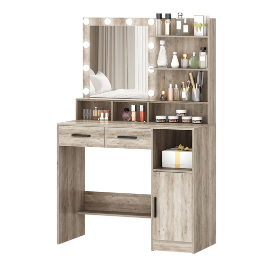 Dressing Table With Mirror And 10 LED Lights, Adjustable Brightness, Dressing Table With 2 Drawers & 1 Cabinet, 3 Shelves & 4 Open Compartments, White