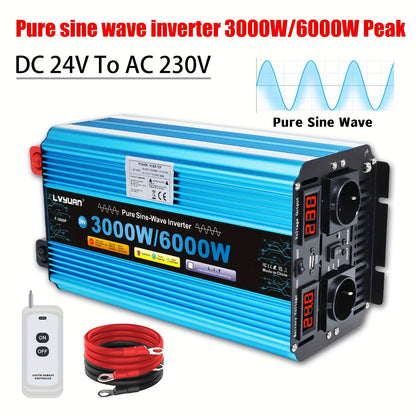 Power Inverter – Spanningsomzetter – Omvormer – DC naar AC Converter – 12V Variant – Pure Sinusgolf – 3000W Continuvermogen – 2 AC Stopcontacten – LED Display – Metalen Behuizing