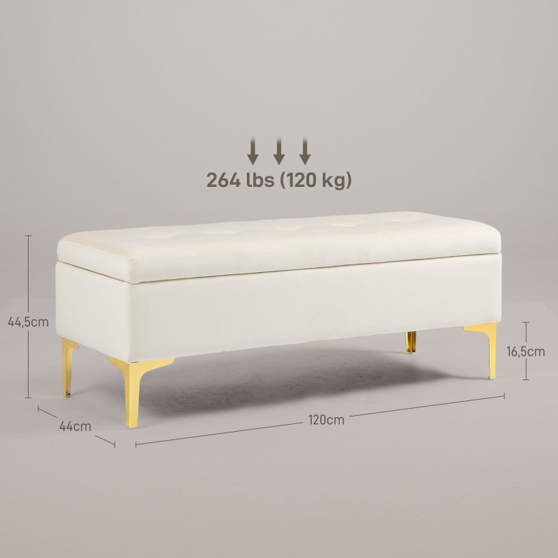Opbergbankje – Zitbank – Opbergkist – Halbank – Poef – Beige Gestoffeerd – Met Opbergruimte – 120x44x44,5 cm – Met Goudkleurige Metalen Poten