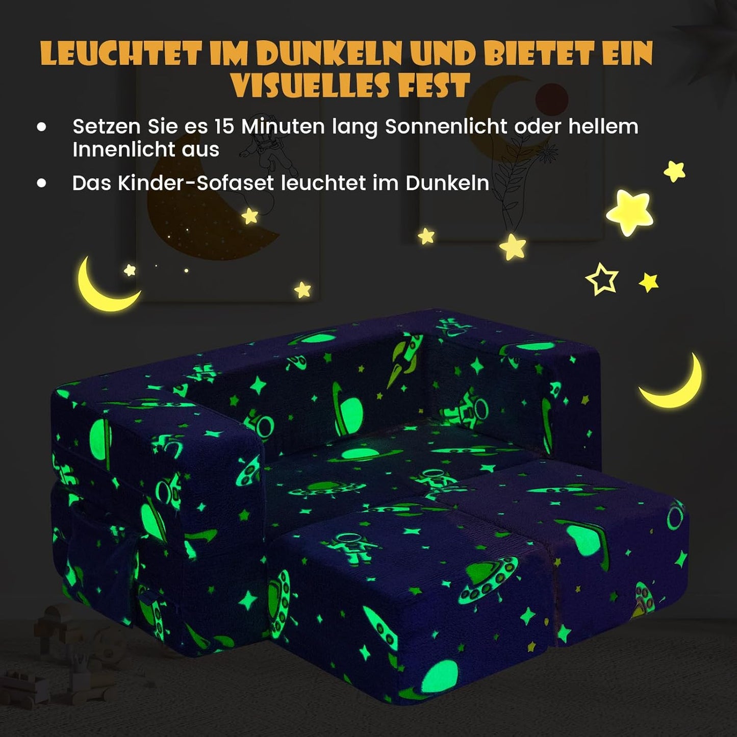 Kinderfauteuil – Kinderbank – Kindersofa – Speelbank – 4-in-1 Met 2 Poefjes – Gloeit In Het Donker – Afneembare Wasbare Hoezen