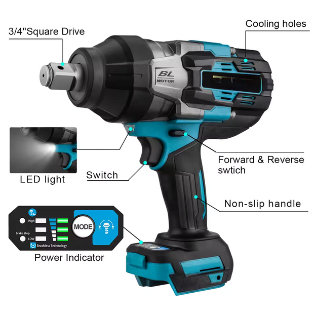 Impact Wrench - Electric Impact Wrench - Battery Impact Wrench - Impact Driver - 3100N.M Torque Brushless Electric Impact Wrench -without 18V Battery and Plug