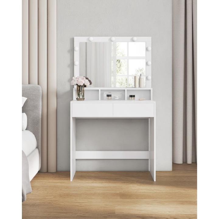 Make-up Tafel – Kaptafel – Schminktafel – Make-up Bureau – Beautytafel – 9 Dimbare LED-Lampen – 2 Lades & 3 Open Vakken – 40x80x140 cm – Chipwood – Wit