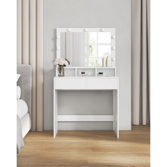 Make-up Tafel – Kaptafel – Schminktafel – Make-up Bureau – Beautytafel – 9 Dimbare LED-Lampen – 2 Lades & 3 Open Vakken – 40x80x140 cm – Chipwood – Wit