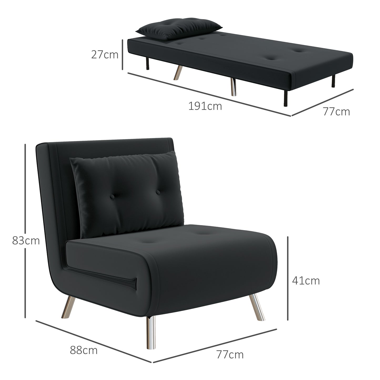 Slaapfauteuil – Relaxstoel – Bedfauteuil – Gastenbed – Velours Fauteuil – Donkergrijs – 3-stand Verstelbare Rugleuning – Compact 77x88x83 cm