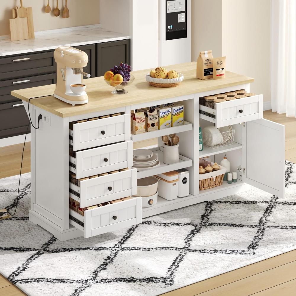 Sideboard, Kitchen Island, Wine Cabinet with 5 Drawers, 2 Pull-Out Shelves, Foldable Extension, Suitable for Kitchen, Dining Room, and Living Room, White, 150×65×75cm,  Spacesaving Furniture, Modern Sideboard, Minimalist Fu