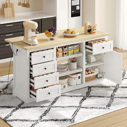 Sideboard, Kitchen Island, Wine Cabinet with 5 Drawers, 2 Pull-Out Shelves, Foldable Extension, Suitable for Kitchen, Dining Room, and Living Room, White, 150×65×75cm,  Spacesaving Furniture, Modern Sideboard, Minimalist Fu