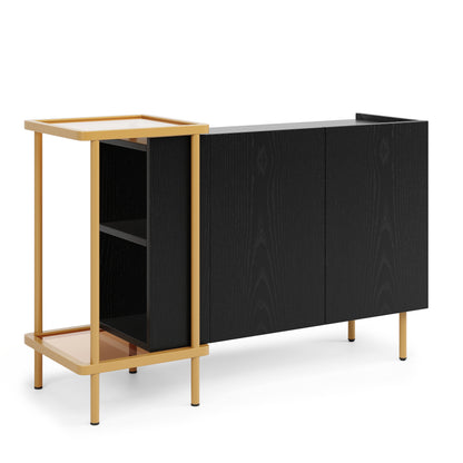 BTM Sideboard Cabinet with 2 Doors & 2 Open Shelves (Sideboard, Dresser, Storage Cabinet), Metal Frame, Glass Top, 120×40×77.5 Cm