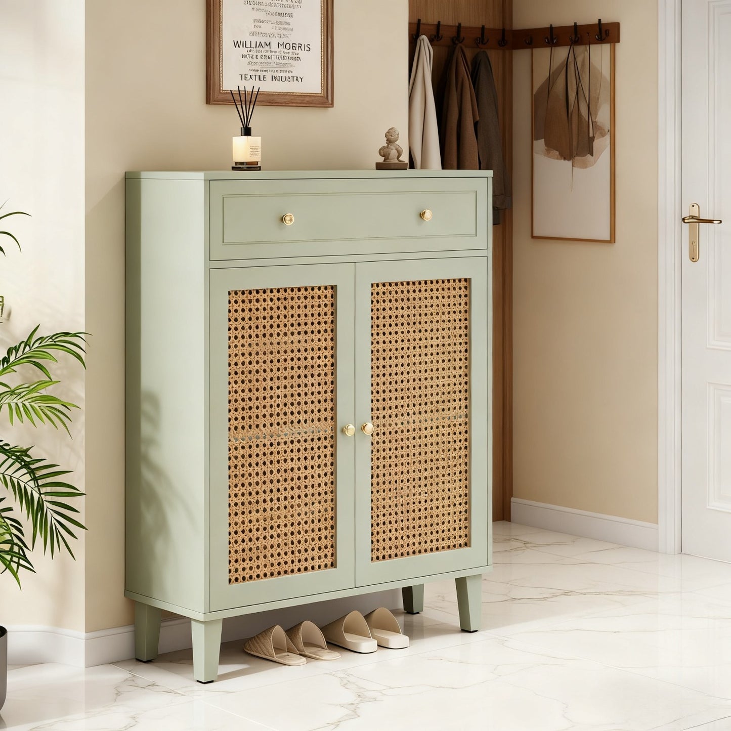 Opbergkast – Opbergmeubel – Kast – Schoenenkast – Dressoir – Mintgroen – Rattan Deuren – Verstelbare Planken – Lade – MDF Hout – Vloerstaand – Modern Design