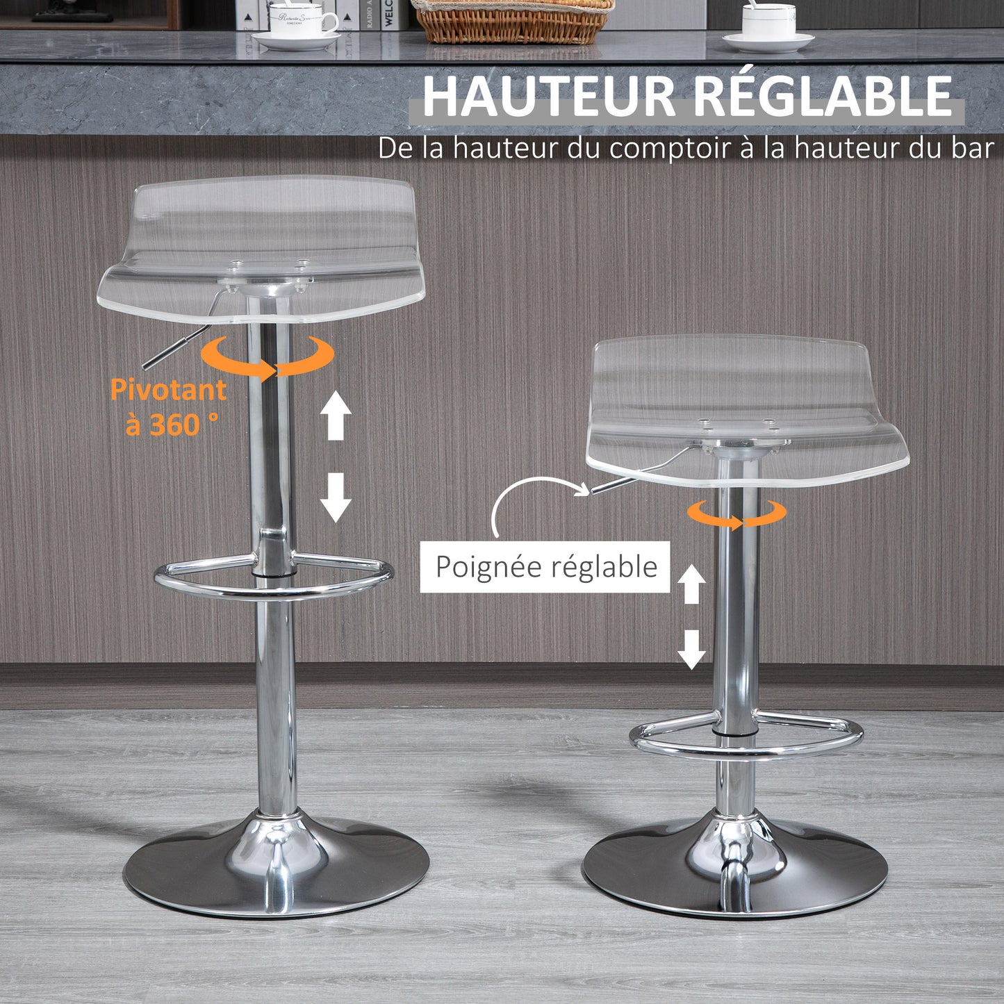 Barkrukken – Barkruk Set – Barstoelen – Hoge Stoelen – Transparante Zitting – Verstelbare Zithoogte – 360° Draaibaar – Met Voetensteun
