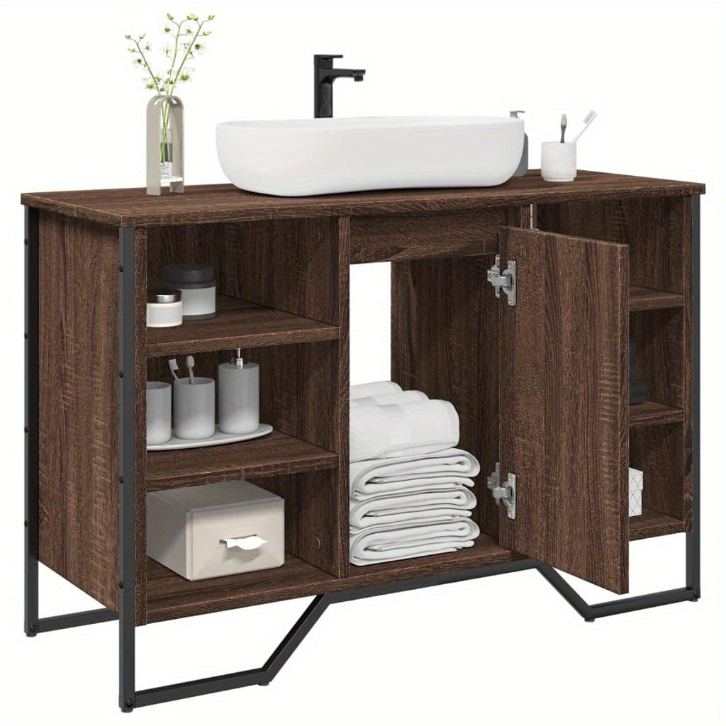 Modern Brown Oak Bathroom Sink Cabinet - Engineered Wood Storage with Towel Rack & Hooks, 91x35x60cm, Perfect for Washroom Organization, Bathroom Organizers And Storage