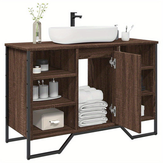 Modern Brown Oak Bathroom Sink Cabinet - Engineered Wood Storage with Towel Rack & Hooks, 91x35x60cm, Perfect for Washroom Organization, Bathroom Organizers And Storage