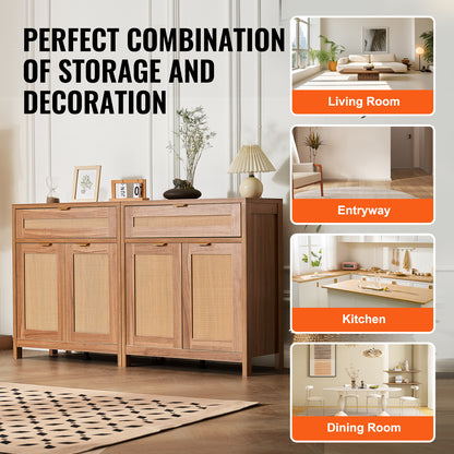 Rattan Opbergkast – Opbergmeubel – Dressoir – Kast – Buffetkast – 63 Inch – Handgevlochten Natuurlijk Rattan – Verstelbare Planken & Anti-Kantelset