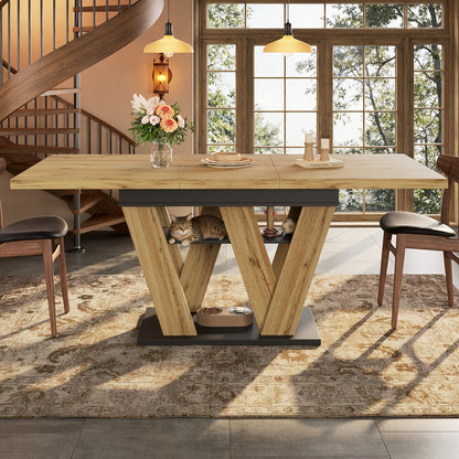 Extendable Dining Table with W-Shaped Legs - Expandable Kitchen Table Suitable for Small Spaces, Pull-Out (119-158.5×80cm), Assembly, Wood Color, Modern Style for Living Room & Dining Room