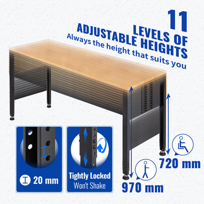 Werkbank – Werktafel – Werkbank Met Stopcontacten – Verstelbare Werkbank – Klusbank – 183x64 cm Massief Houten Blad – Hoogte Verstelbaar 72-97 cm