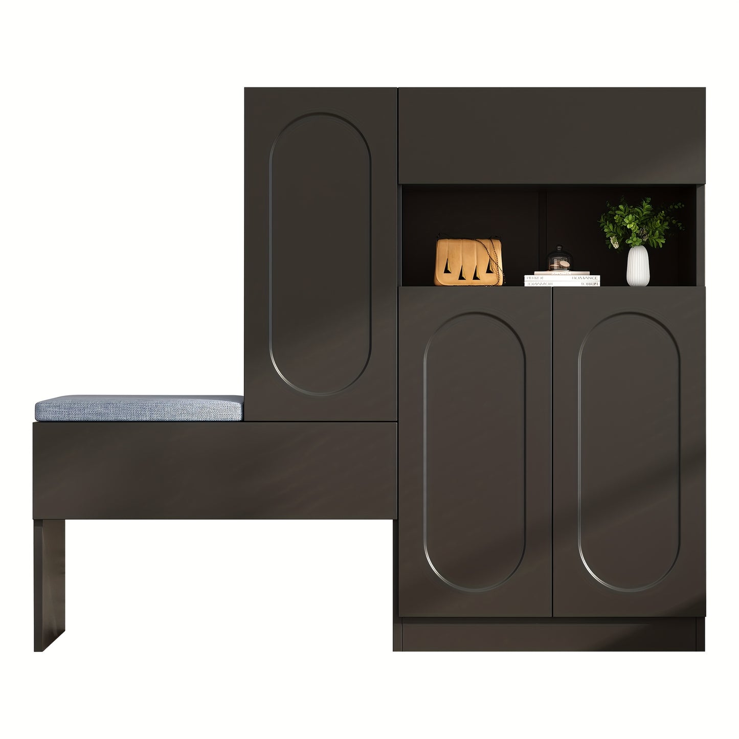 Modern Entryway Storage Cabinet with Hinged Doors - Heavy-Duty Metal Construction, Space-Saving Shoe Organizer with Upholstered Bench, Height-Adjustable Compartments, Curved Door Design for Hallway, Living Room, Bedroom - No