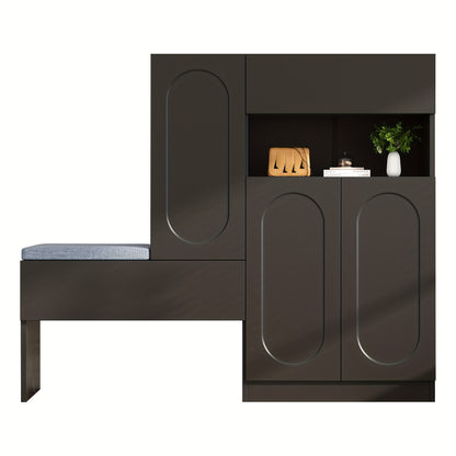 Modern Entryway Storage Cabinet with Hinged Doors - Heavy-Duty Metal Construction, Space-Saving Shoe Organizer with Upholstered Bench, Height-Adjustable Compartments, Curved Door Design for Hallway, Living Room, Bedroom - No