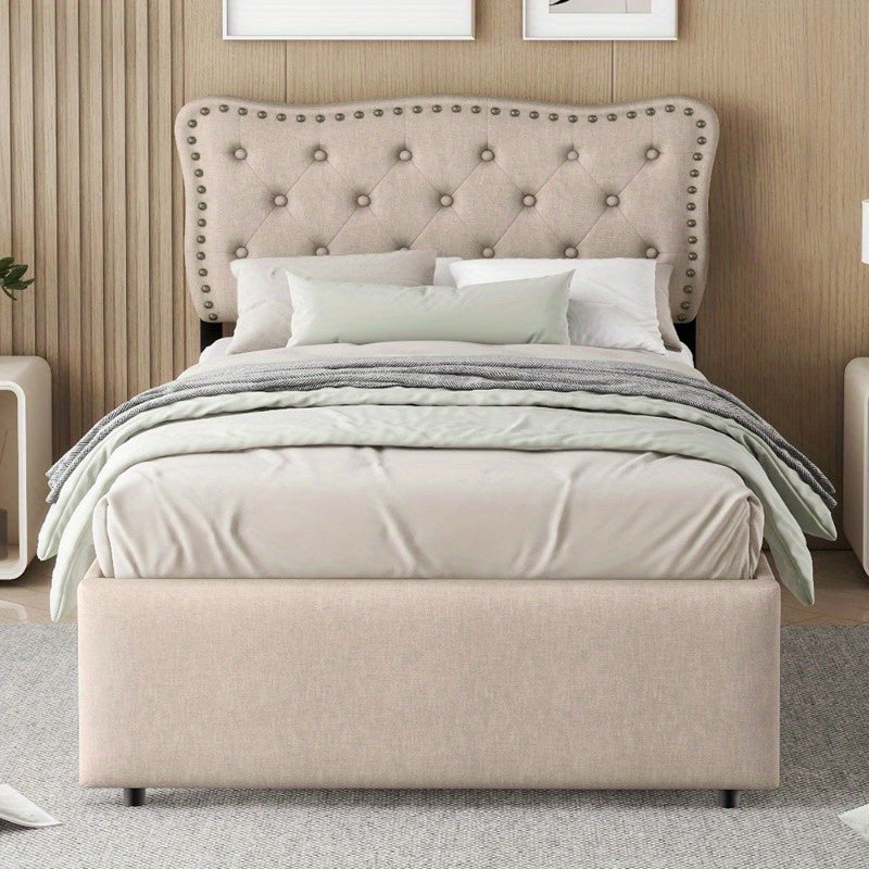 Gestoffeerd Bed – Boxspringbed – Slaapbank – Bedframe – Ledikant – 90x200 cm – Padded Hoofdbord Met Decoratieve Spijkers – Moderne Opberglades Donker Beige