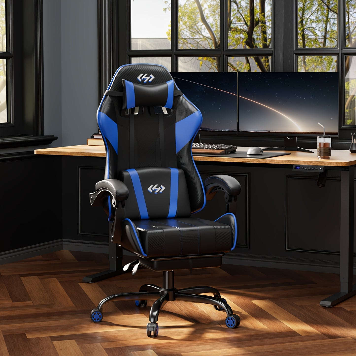 Gamingstoel – Gamestoel – Gaming Chair – Bureaustoel – Racestoel – Verstelbare Rugleuning 90°-135° – Uitschuifbare Voetensteun Zwart/Blauw – Ergonomische Lendensteun – Met Pocketveren