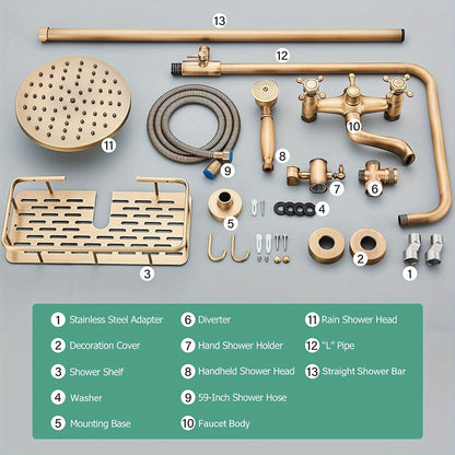 Douche Systeem – Regendouche – Handdouche – Muurkraan – Douchekraan – Antieke Messing Afwerking – 8 Inch Regendouchekop – Geen Elektriciteit Nodig