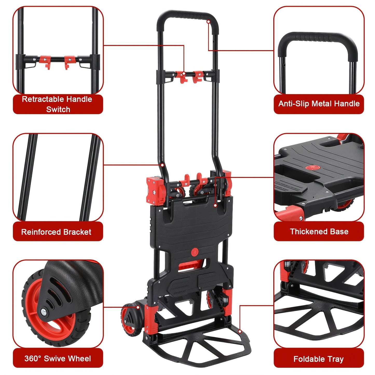 2-in-1 Trolley – Vouwbare Kar – Handwagen – Veldtransporter – Boodschappentrolley – Telescopische Handgreep – Max Draagkracht 150 kg – Ruime Laadruimte Rood