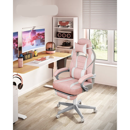 Gamingstoel – Gamestoel – Bureaustoel – Game Chair – Verstelbare Voetensteun – Ergonomisch Met Lendensteun – Maximale Draagkracht 150 kg – Pastelroze & Crèmewit