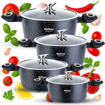 Pannenset – Kookpannenset – Koekenpannen – Pannen – Inductie Pannen – Keramische Marmeren Anti-aanbaklaag – 8-delig met Deksel