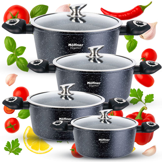 Pannenset – Kookpannenset – Koekenpannen – Pannen – Inductie Pannen – Keramische Marmeren Anti-aanbaklaag – 8-delig met Deksel