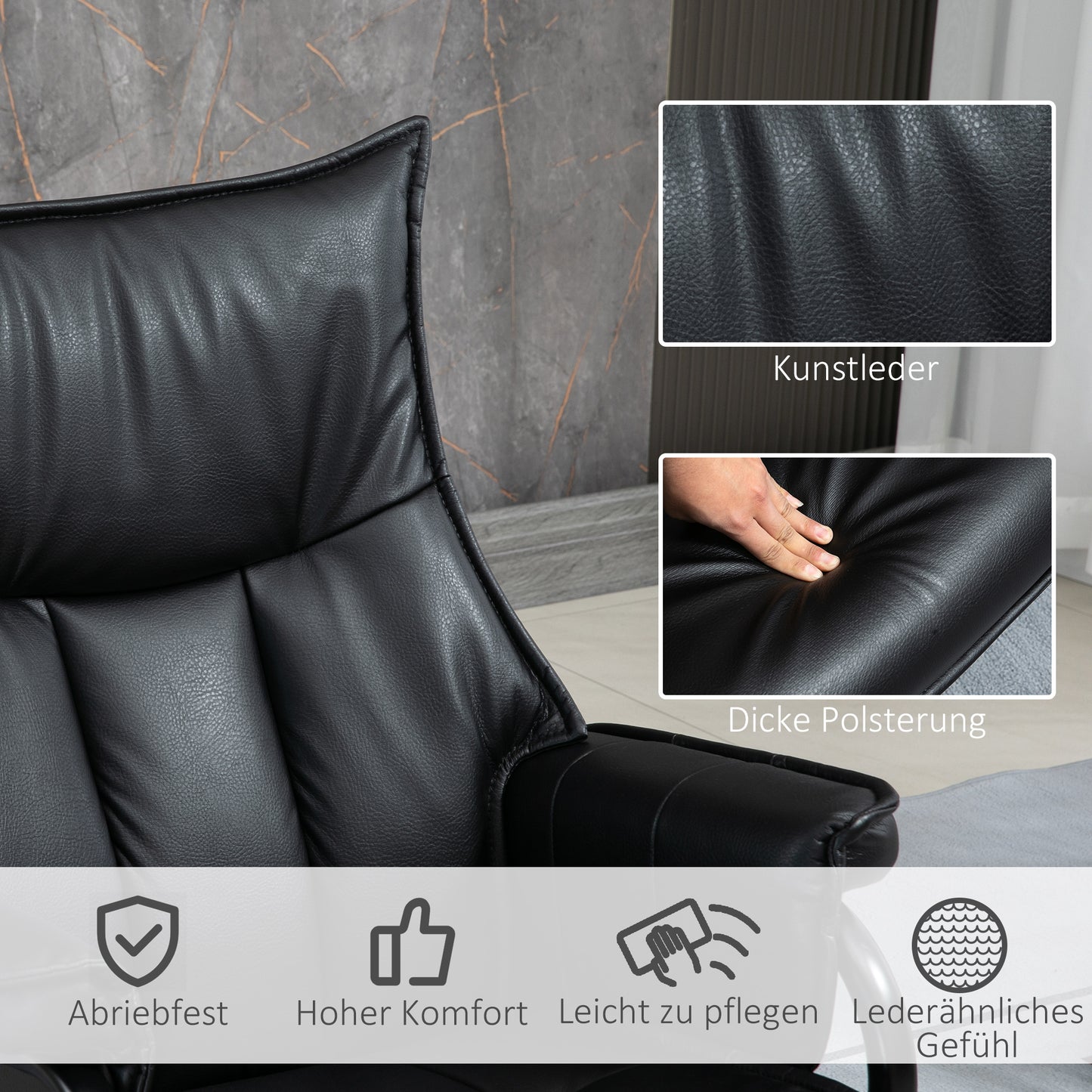 Draaifauteuil – Relaxstoel – Loungestoel – Fauteuil Met Voetenbank – Zwarte Fauteuil – 360° Draaibaar – Verstelbare Rugleuning Tot 135°