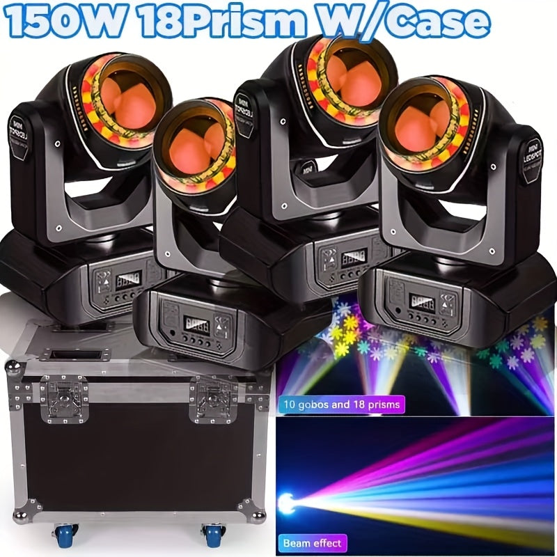 LED Moving Head – Stageverlichting – DJ Licht – Disco Spot – RGBW Beam – 4 Stuks 150W – 18 Prismatische Effecten – DMX512 & Sound Actief – Inclusief Flight Case