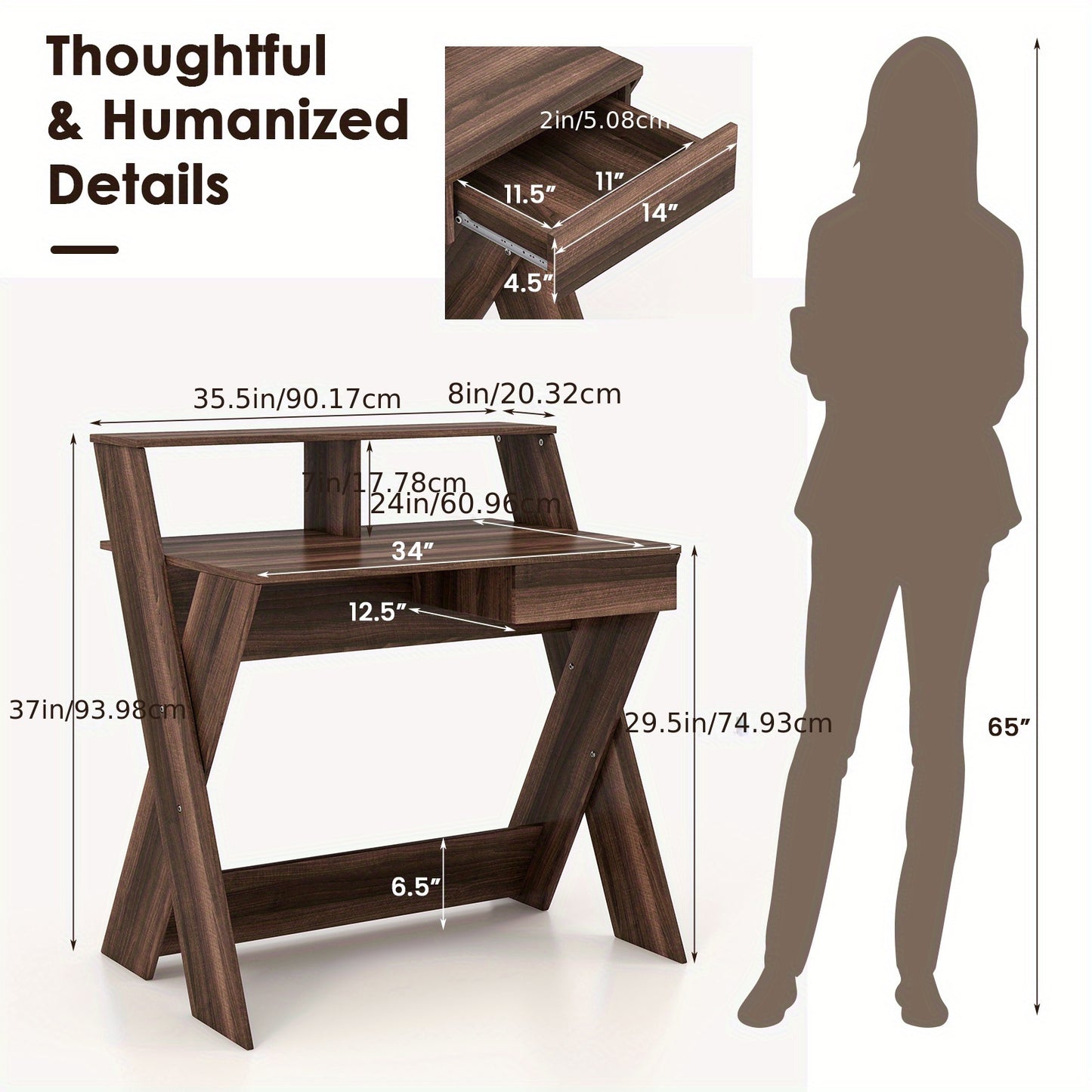 Bureau – Computerbureau – Schrijftafel – Werktafel – Laptoptafel – Compact – Walnoot Met Lade En Ergonomische Monitorverhoger