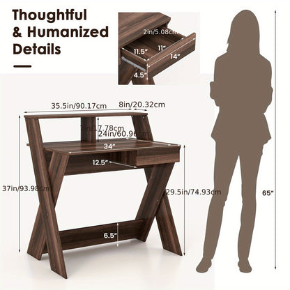 Bureau – Computerbureau – Schrijftafel – Werktafel – Laptoptafel – Compact – Walnoot Met Lade En Ergonomische Monitorverhoger