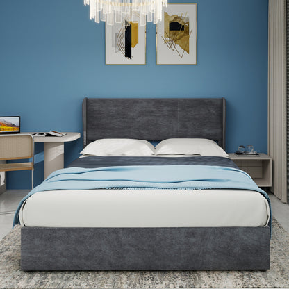 Bed – Ledikant – Slaapbank – Boxspring – Bedframe – Grijs Fluwelen Hoofdbord – Opbergruimte Met Gaslift – 160x200 cm – Modern Minimalistisch – Geen Montage Nodig