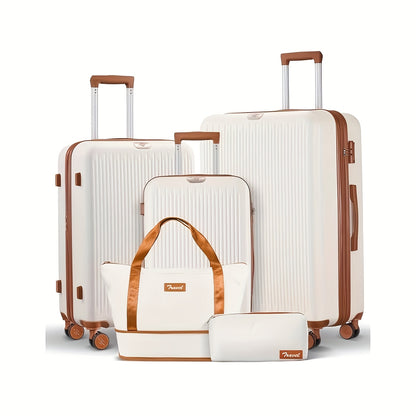 Hardschalige Kofferset – Reiskoffer – Koffer – Bagage – Trolley – 20, 24, 28 Inch – Fluisterstille Zwenkwielen – Ingebouwd Combinatieslot – Wit met Bruine Accenten